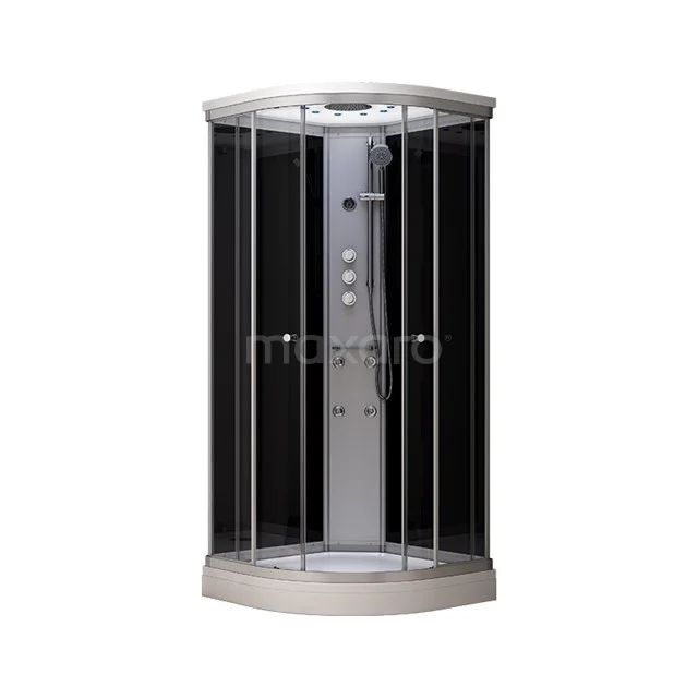 Luxe zwarte douchecabine met ronde vorm, glazen wanden en ingebouwde regendouche, perfect voor een stijlvolle badkamer.