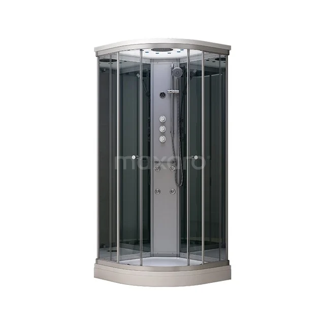 Compacte ronde douchecabine met glazen wanden, zilverkleurige afwerking en ingebouwde hydromassagefunctie voor moderne badkamers.