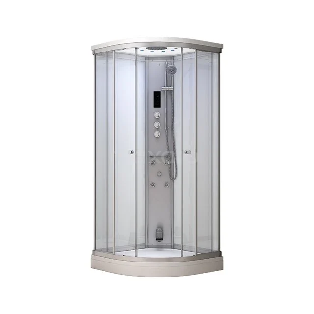 Modera Einpersonen-Dampfkabine | 100x100 cm Weiß Glas Schiebetür Viertelrunde AK1010-520100 Eck-Duschkabine mit gebogenen Glaspanelen, Aluminiumprofilen und integrierter Regendusche für moderne Bäder.