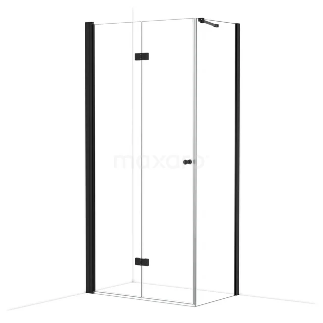 Glass shower cabin with black profiles, corner model, clean lines and minimalist design for a modern bathroom style.
