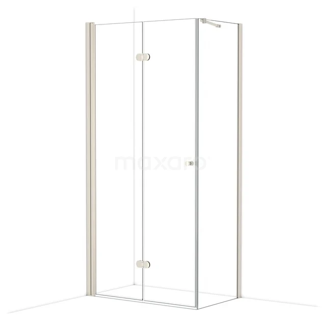 Glass shower cabin corner entry, transparent, with chrome profiles and a stylish hinge door. Perfect for any modern bathroom.