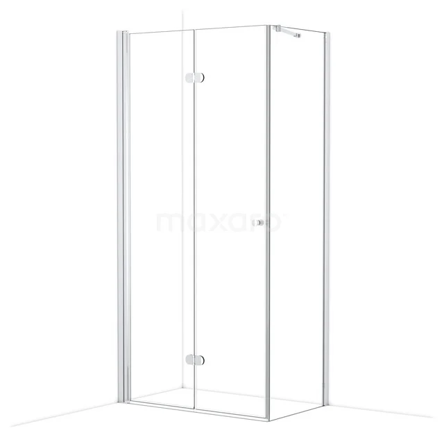 Glass shower cabin with hinged door, square design, chrome accents, ideal for a modern bathroom.