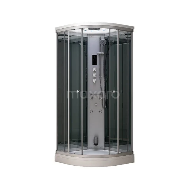 Dampfkabine Modera 80x80cm Spiegelglas Mistjets Wassermassage LED AK0808-522100N Eck-Duschkabine mit silbernen Paneelen und Glastüren, ideal für moderne Bäder, einschließlich integrierter Regenduschefunktion.