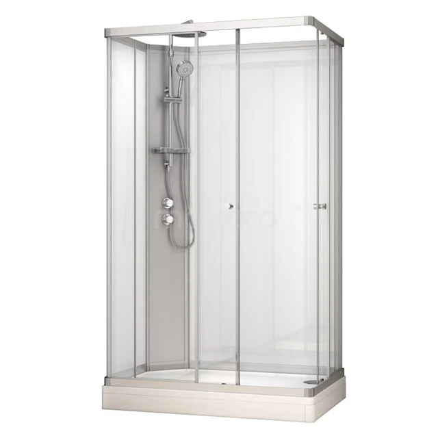 Duschkabine quadratisch mit Schiebetüren, Klarglas und Aluminiumrahmen, ideal für moderne Bäder.