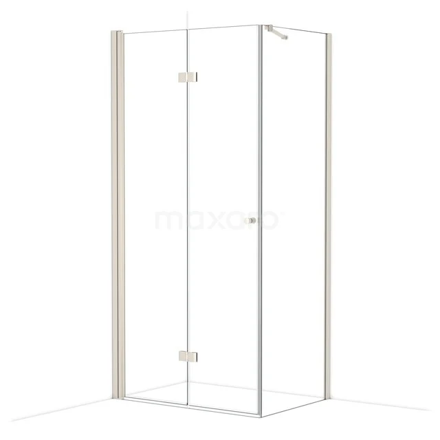 Glass shower cabin with corner entry, chrome hinges and minimalist design, perfect for modern bathrooms.