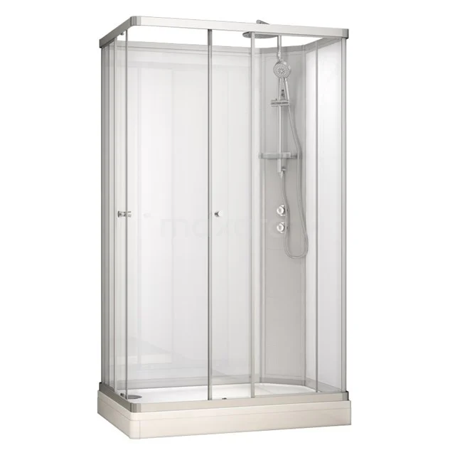 Rechthoekige douchecabine met schuifdeuren, helder glas en witte basis; perfect voor een moderne badkamer.