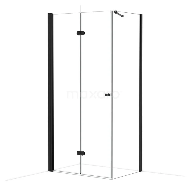 Glass shower cabin with black frame, corner model, modern design for a stylish bathroom.
