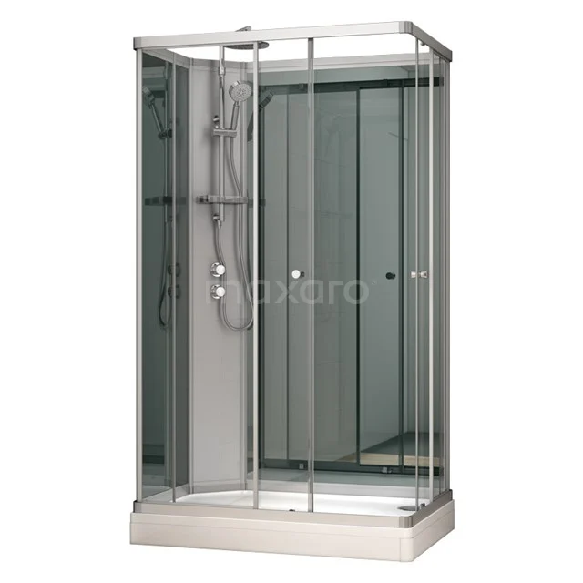 Compacte douchecabine met glazen schuifdeuren, ingebouwde regendouche en massagedouchefunctie, ideaal voor elke moderne badkamer.