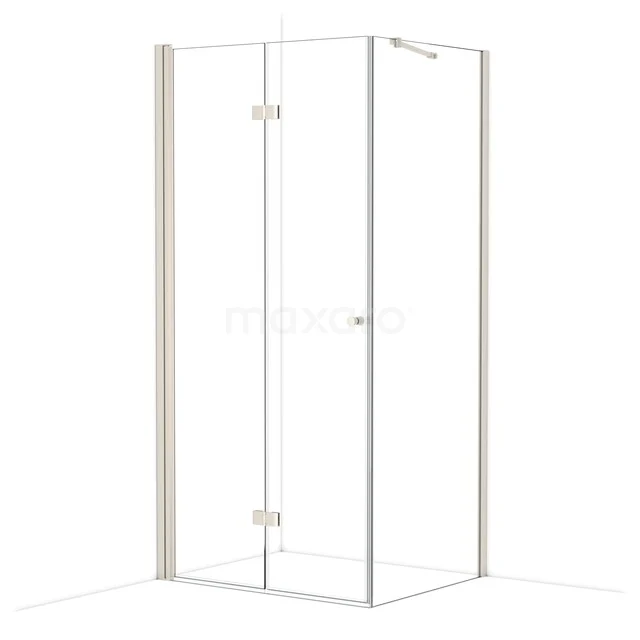 Transparent glass shower cabin with corner entry and chrome hinges, ideal as a stylish addition to any bathroom.