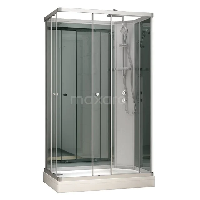 Luxe glazen douchecabine met aluminium frame, schuifdeuren en geïntegreerde regendouche, perfect voor een moderne badkamer.