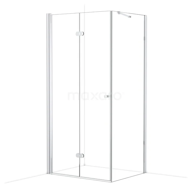 Transparente Glas-Duschkabine mit Eck-Einstieg, Aluminium-Profil und Scharnier-Tür, modernes Design für das Badezimmer.