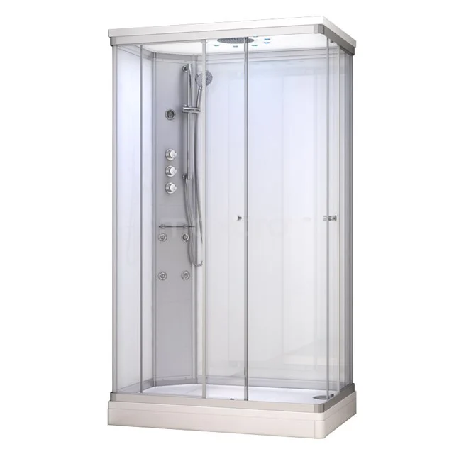 Komplettes Duschkabinen-Set 120x80cm Weiß Modera Wassermassage LED-Beleuchtung AK1208-420101 Duschkabine aus Glas und Aluminium mit Schiebetüren, integrierter Regendusche und Massage-Düsen, perfekt für moderne Bäder.