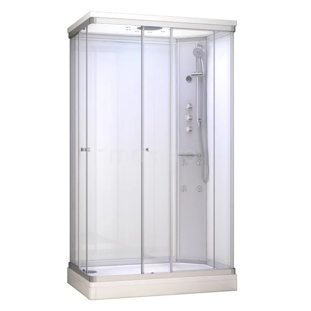 Rechthoekige douchecabine met schuifdeuren, helder glas en wit profiel, ideaal voor moderne badkamerinrichtingen.