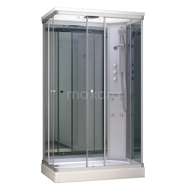 Compacte glazen douchecabine met schuifdeuren, zilverkleurig frame en geïntegreerde regendouche, ideaal voor moderne badkamers.