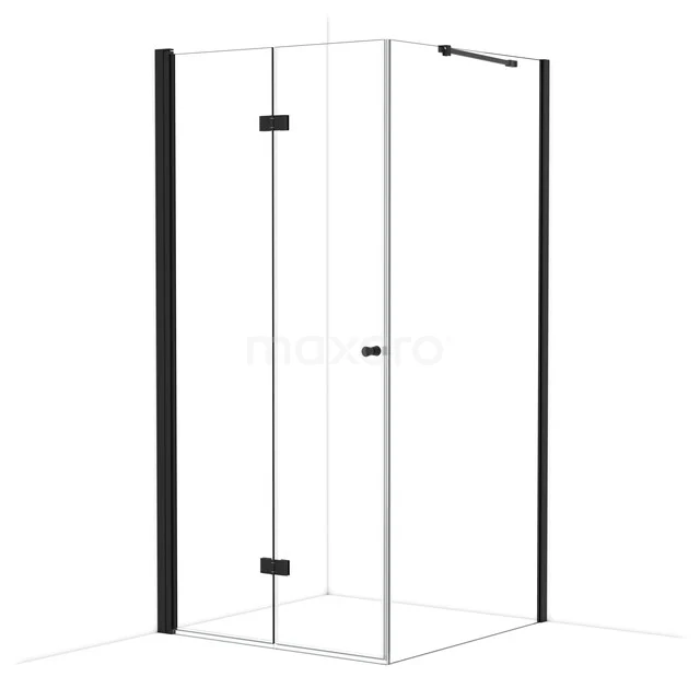 Glass shower cabin with black accents, corner model, sturdy safety glass and stylish design for a modern bathroom.