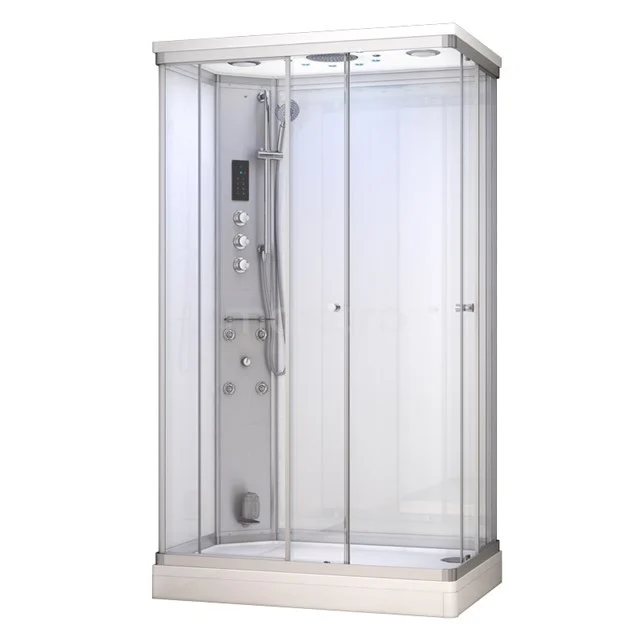 Duschkabine mit gläsernen Schiebetüren, weißem Rahmen und integriertem Hydromassagesystem, ideal für moderne Bäder.