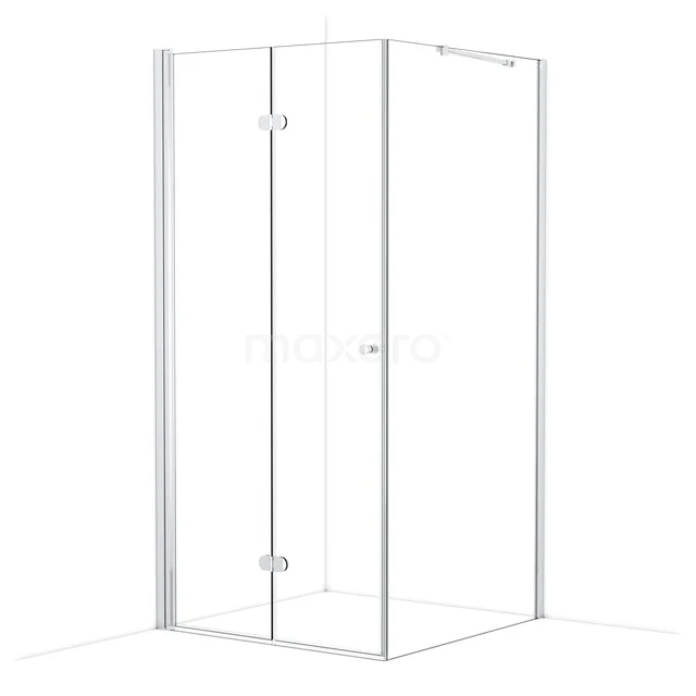 Glass shower cabin with corner entry, sleek white aluminium profiles, ideal for modern bathrooms.