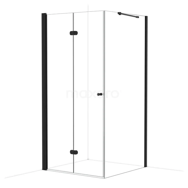 Corner shower cabin with black frame, transparent glass and minimalist design, ideal for modern bathrooms.