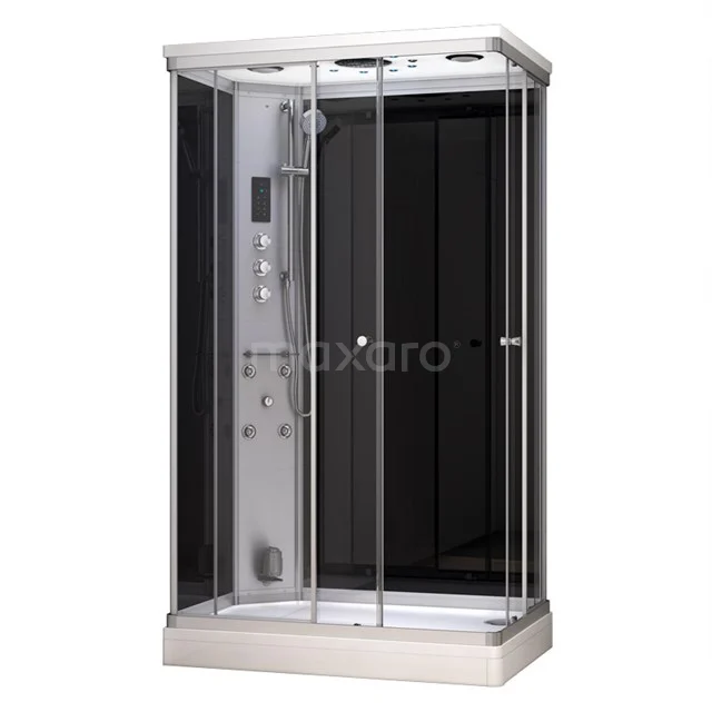 Luxury steam shower with glass sliding doors, LED lighting and black-silver design, perfect for modern bathrooms.