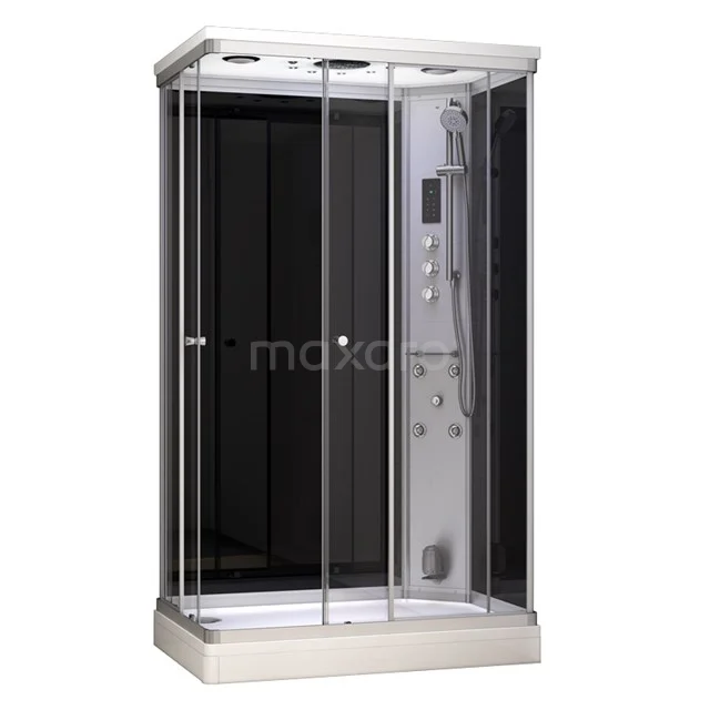 Dampfkabine Modera 120x80cm Schwarz Mistjets Wassermassage LED Bluetooth AK1208-521102N Glas Duschkabine mit Schwarz hinterem Paneel, silberfarbigen Details und integrierter Regendusche; modernes Badezimmerdesign.