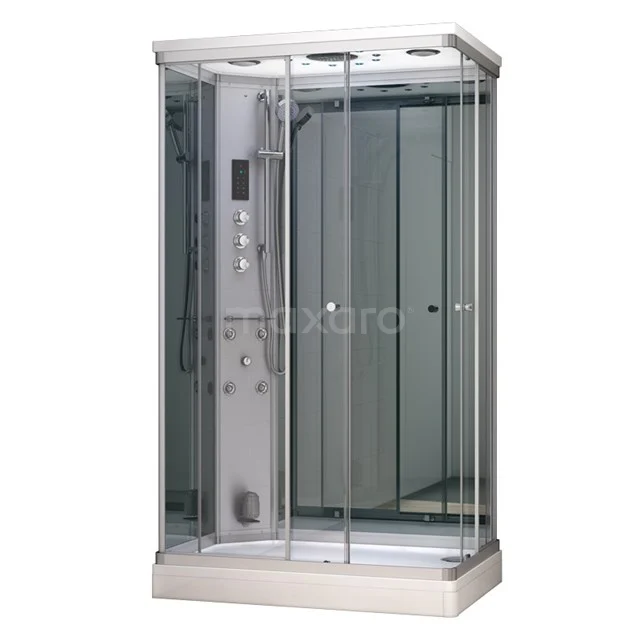 Modera 1 Person Steam shower | 120x80 cm Mirror glass Sliding door Rectangle AK1208-522101 Shower enclosure with glass sliding doors, white base and built-in massage jets, ideal for luxury bathroom relaxation.
