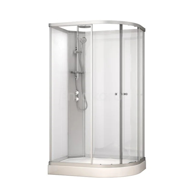 Moderne, halbrunde Duschkabine mit Schiebetüren, transparentem Glas und Aluminiumprofilen, ideal für jedes Badezimmer.