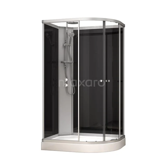 Schwarze Eck-Duschkabine mit gebogener Glastür und silberfarbenen Akzenten, ideal für einen modernen Badezimmerstil.