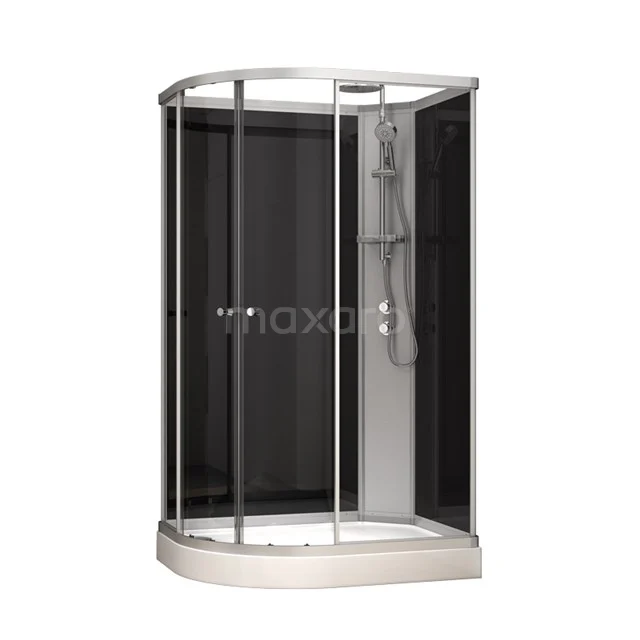 Elegante douchecabine met afgeronde hoeken, zwart glas en chroomaccenten, perfect voor een moderne badkamer.