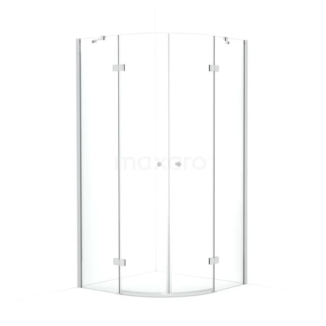 Amber Douchecabine | 80x80 cm Chroom Helder glas Draaideur Kwartrond CTR3434210C Hoekdouchecabine met helder glas, witte profielen en schuifdeuren; modern badkamerdesign voor compacte ruimtes.