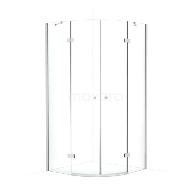 Corner shower cabin with clear glass, white profiles and sliding doors; modern bathroom design for compact spaces.