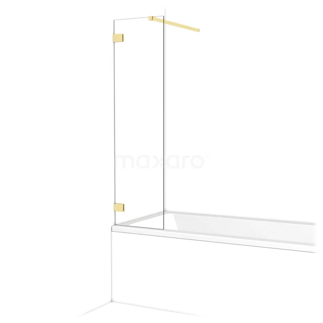 Transparante glazen badwand met gouden scharnieren, geschikt voor moderne badkamers. Elegante vormgeving en stevig materiaal.