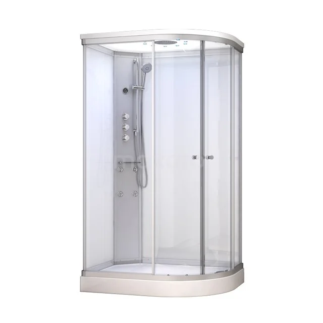 Komplettes Duschkabinen-Set 120x90cm Weiß Modera Wassermassage LED-Beleuchtung AK1209-420101 Eck-Duschkabine mit gebogenem Glas, weißem Rahmen und eingebauter Regendusche. Perfekt für kompakte Bäder.