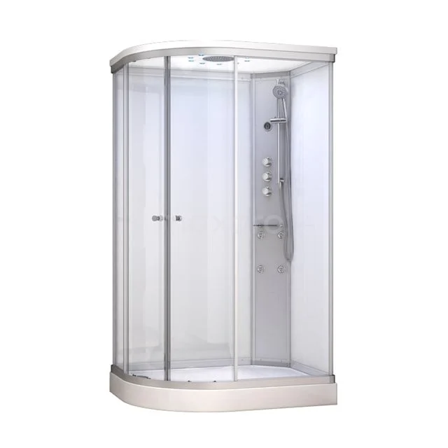 Halbrunde Duschkabine mit glänzenden Aluminiumprofilen, Schiebetüren und eingebauter Regendusche für ein modernes Badezimmer.