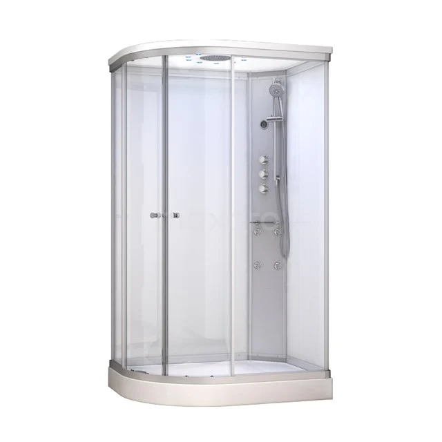 Halbrunde Duschkabine mit glänzenden Aluminiumprofilen, Schiebetüren und eingebauter Regendusche für ein modernes Badezimmer.