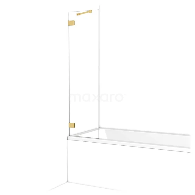 Glazen badwand met goudkleurige scharnieren, strak design, ideaal voor moderne badkamers.
