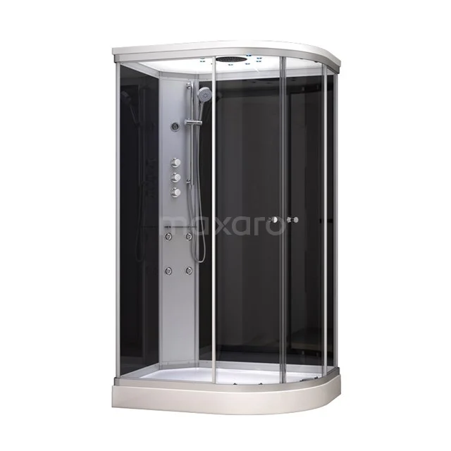 Stilvolle schwarze Duschkabine mit Schiebetüren, abgerundeter Form und modernen chromen Details, perfekt für jedes Badezimmer.