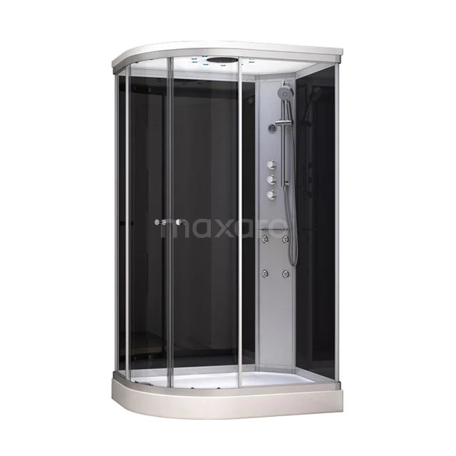 Eck-Duschkabine mit Schiebetüren, schwarzem Glas und Aluminiumrahmen, kompaktes Design ideal für moderne Bäder.