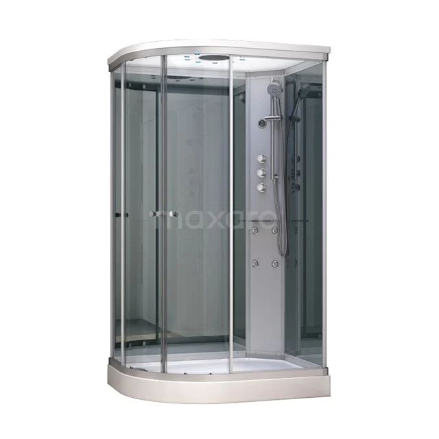 Corner shower cabin with glass walls, white rounded base and built-in rain shower, perfect for a modern bathroom.