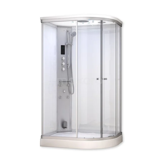 Spacious corner shower cabin with glass sliding doors, white profile and integrated hydromassage panels for a luxurious bathroom experience.