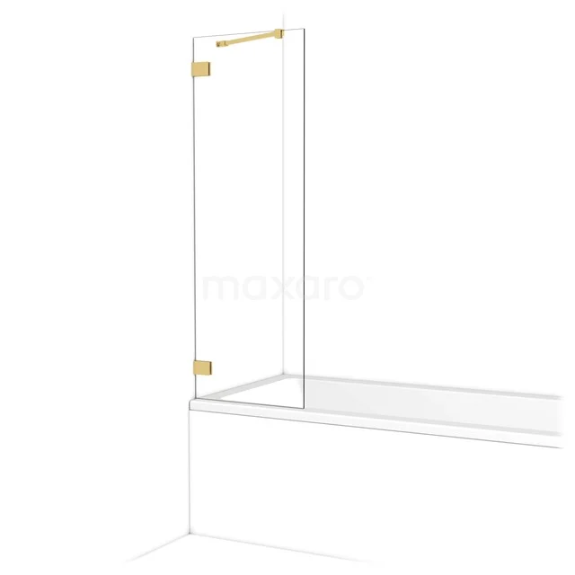 Glazen douchewand met goudkleurige scharnieren, geschikt voor plaatsing op een badkuip. Luxueus design voor moderne badkamers.