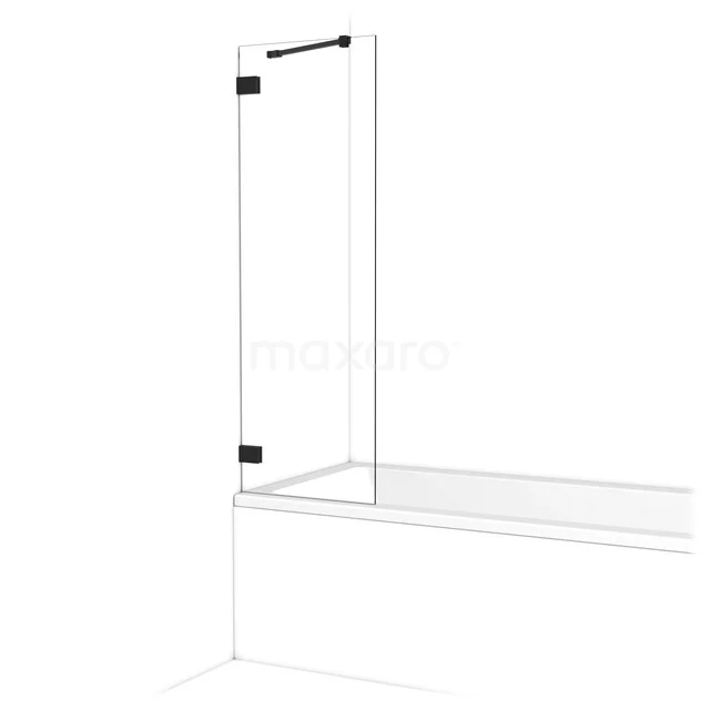 Transparant glazen badwand met zwarte scharnieren, modern design, ideaal voor stijlvolle badkamerinrichting.