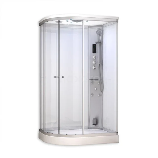 Modera 1 Persoons Stoomcabine | 120x90 cm Wit glas Schuifdeur Offset AK1209-520102N Witte hoekdouchecabine met schuifdeuren en geïntegreerd paneel, ideaal voor een moderne badkamer.