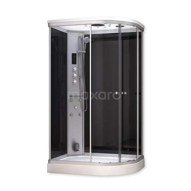 Modern black shower enclosure with sliding doors, aluminium frame and integrated rain shower, ideal for luxury bathrooms.