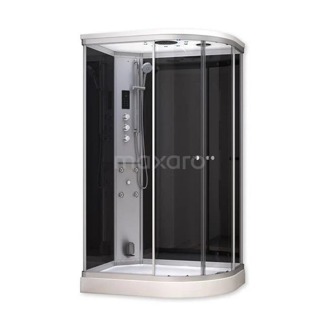 Modera 1 Persoons Stoomcabine | 120x90 cm Zwart glas Schuifdeur Offset AK1209-521101N Moderne zwarte douchecabine met schuifdeuren, aluminium frame en geïntegreerde regendouche, ideaal voor luxe badkamers.