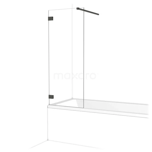 Mat zwarte glazen badwand met scharnierdeur, modern design, ideaal voor stijlvolle badkamerinrichting.