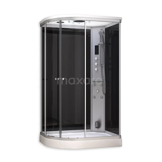 Modera Einpersonen-Dampfkabine | 120x90 cm Schwarz Glas Schiebetür Versatz AK1209-521102 Stilvolle schwarze Ecke-Duschkabine mit Schiebetüren, eingebauter Regendusche und Dampffunktion für luxuriöse Badezimmermomente.