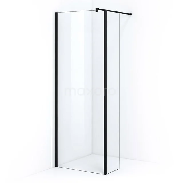 Pearl Walk-in shower | 70 cm Matte black Clear glass Fixed wall with side panel IPC072300M Sleek glass shower screen with black frame, ideal for a modern bathroom, made of high-quality materials.