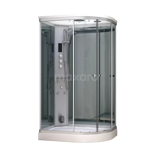 Stylish shower enclosure with semi-circular shape, glass doors and integrated massage shower; ideal for any modern bathroom.
