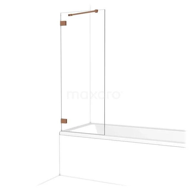 Douchewand met helder glas, roségouden accenten en een stijlvol design; ideaal voor modern badkamerinterieur boven een bad.