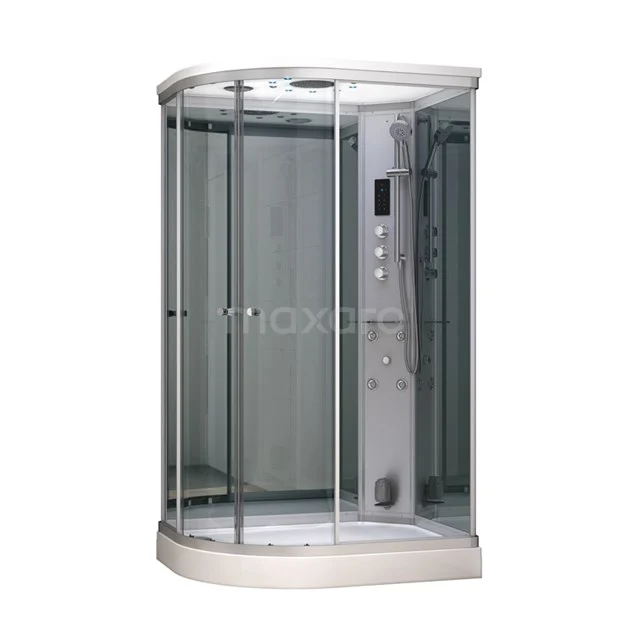 Corner shower cabin with glass sliding doors, white base, built-in panel with rain shower; modern bathroom design.